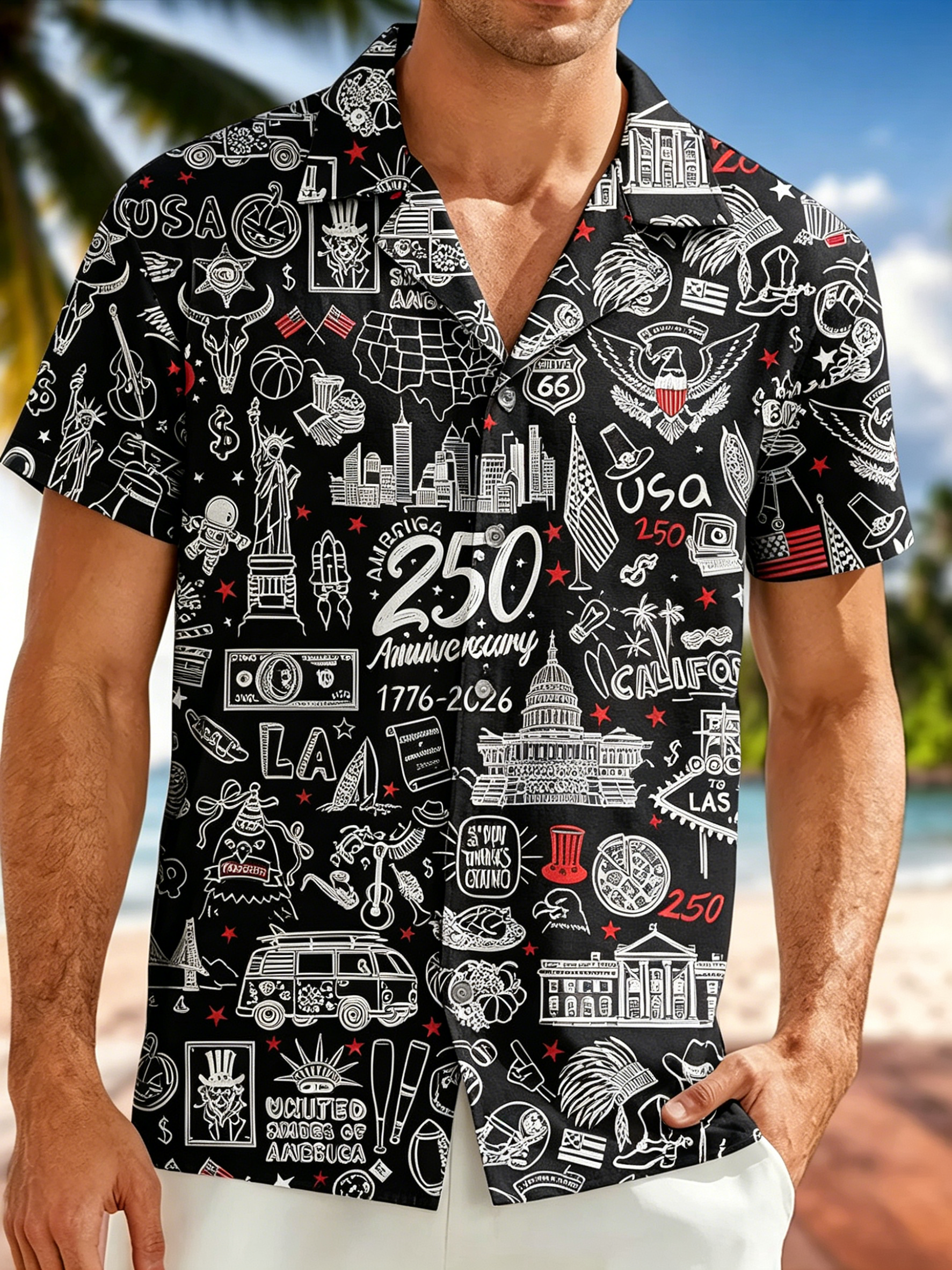 USA Themed Doodle Print Camp Collar Shirt, Patriotic Landmark Short Sleeve Aloha Shirt