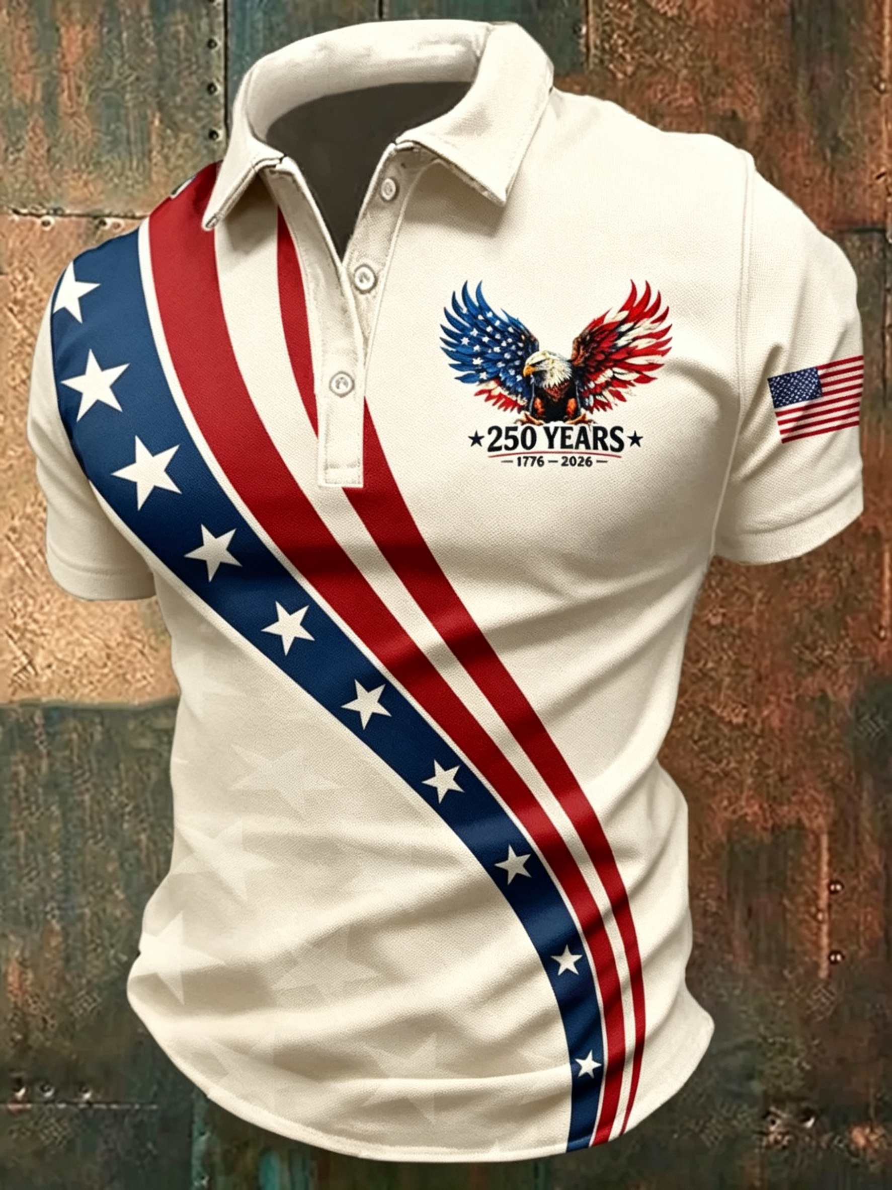 American Eagle Flag Print Polo Shirt, Patriotic Star Stripe Design Casual Short