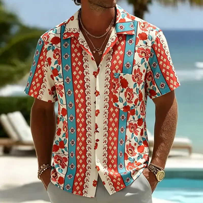 Men's Ethnic Elephant Print Roll Sleeve Vacation Shirt