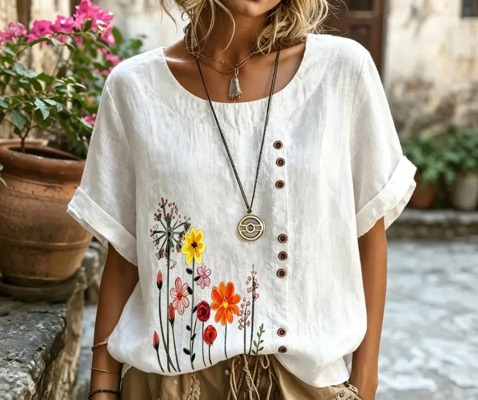 Women's Wildflower Print Rolled Short Sleeve Linen Blouse
