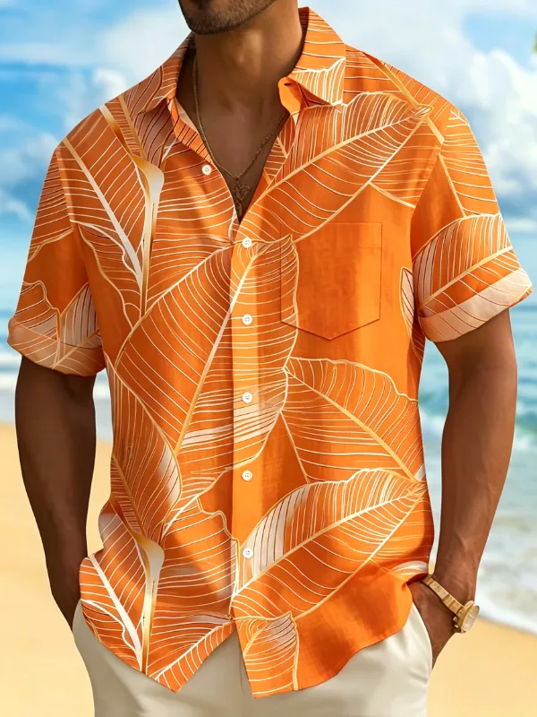 Men's Banana Leaf Print Short Sleeve Button Down Resort Shirt