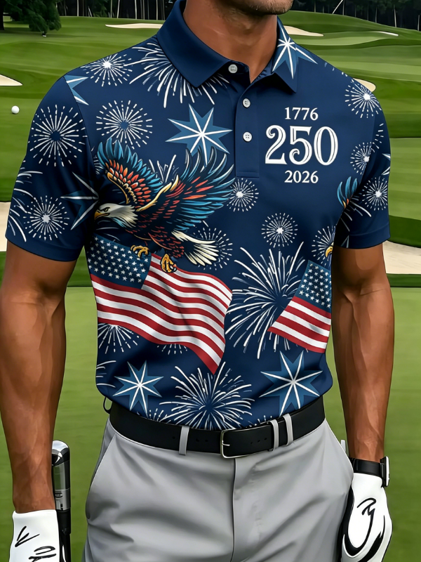 Men's 250th USA Anniversary Eagle Fireworks Flag Golf Polo