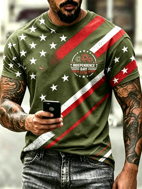 Men's Vintage Diagonal Star Stripe Independence Day 1776 Short Sleeve T-Shirt