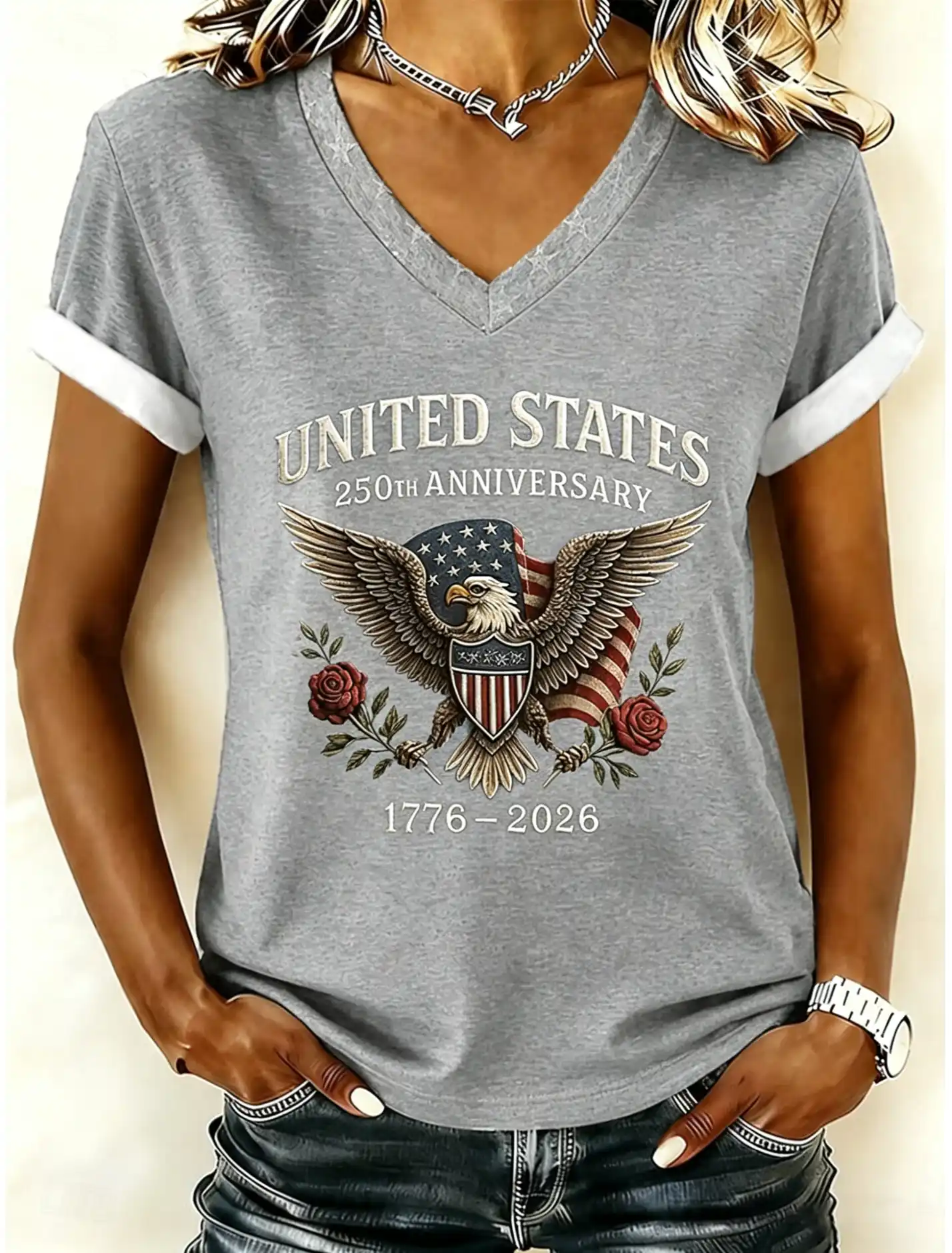 Women's United States 250th Anniversary Eagle Rose USA Shield Flag V-Neck Rolled Cuff Short Sleeve Tee