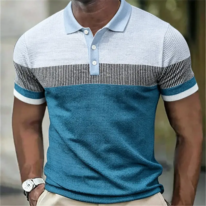 Men's Color Block Plaid Waffle Knit Short Sleeve Polo Shirt