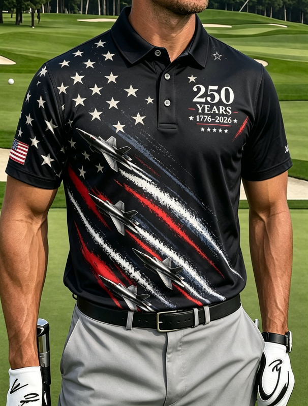 Men's Patriotic Fighter Jet Star Stripe Print Golf Polo Shirt