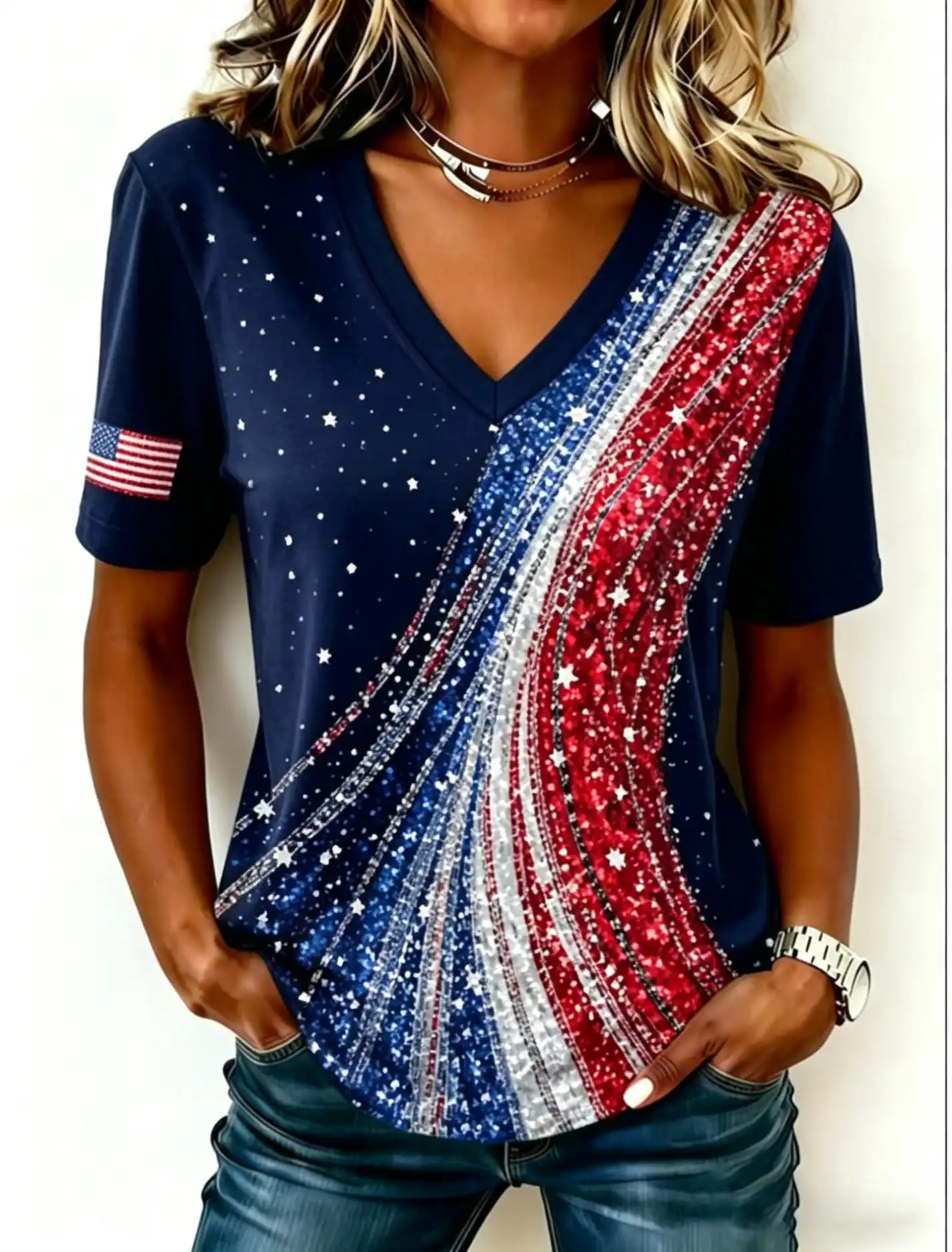 Women's Glitter USA Flag Stripe Star V-Neck Short Sleeve Patriotic Tee