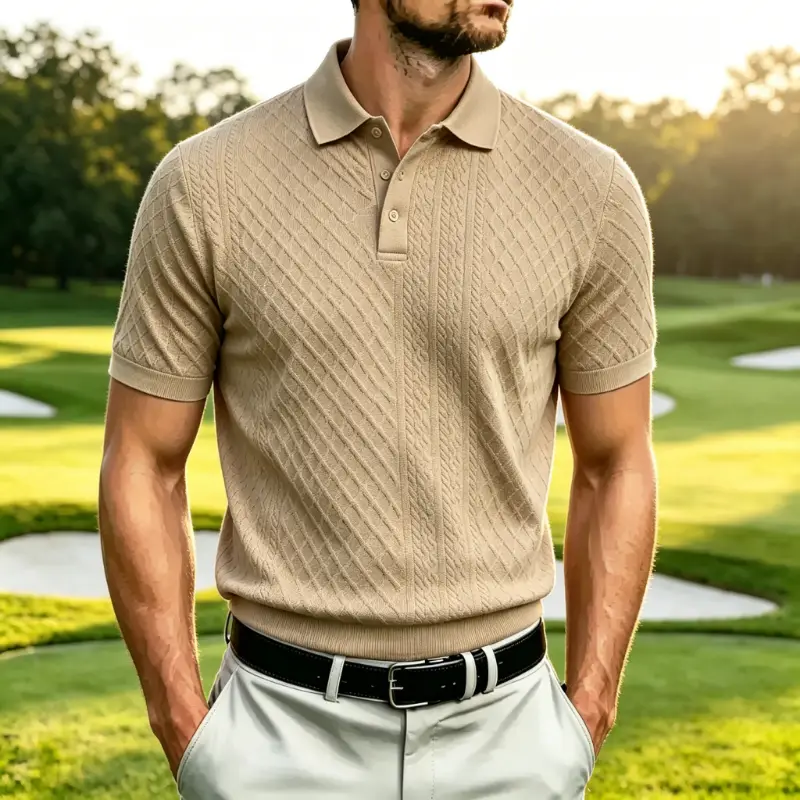 Men's Diagonal Cable Knit Short Sleeve Polo Shirt