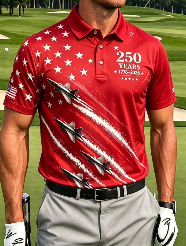 Men's Patriotic Fighter Jet Star Stripe Print Golf Polo Shirt