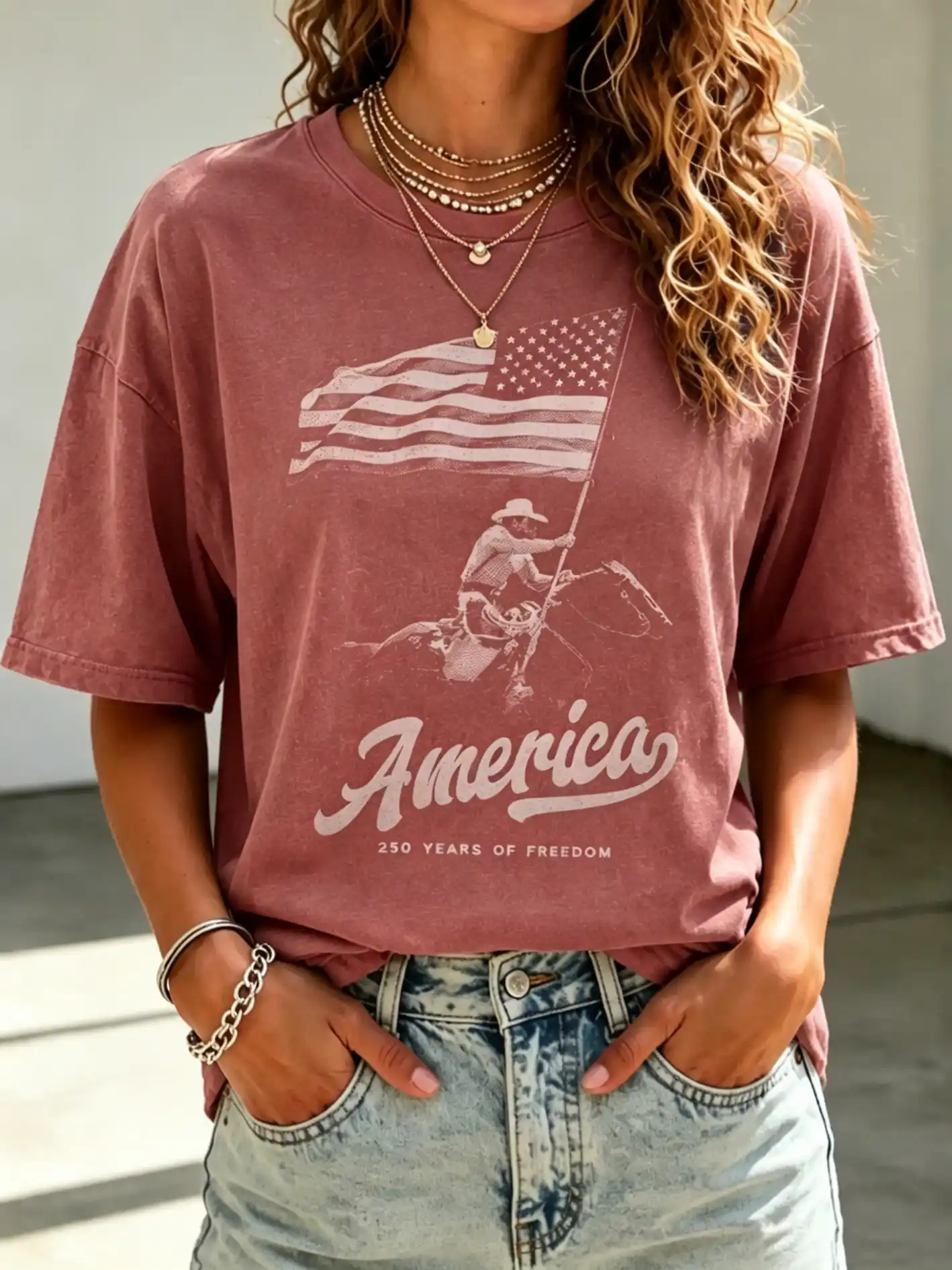 Women's Vintage Washed America Cowboy Rider USA Flag 250 Years Of Freedom Oversized Short Sleeve Tee
