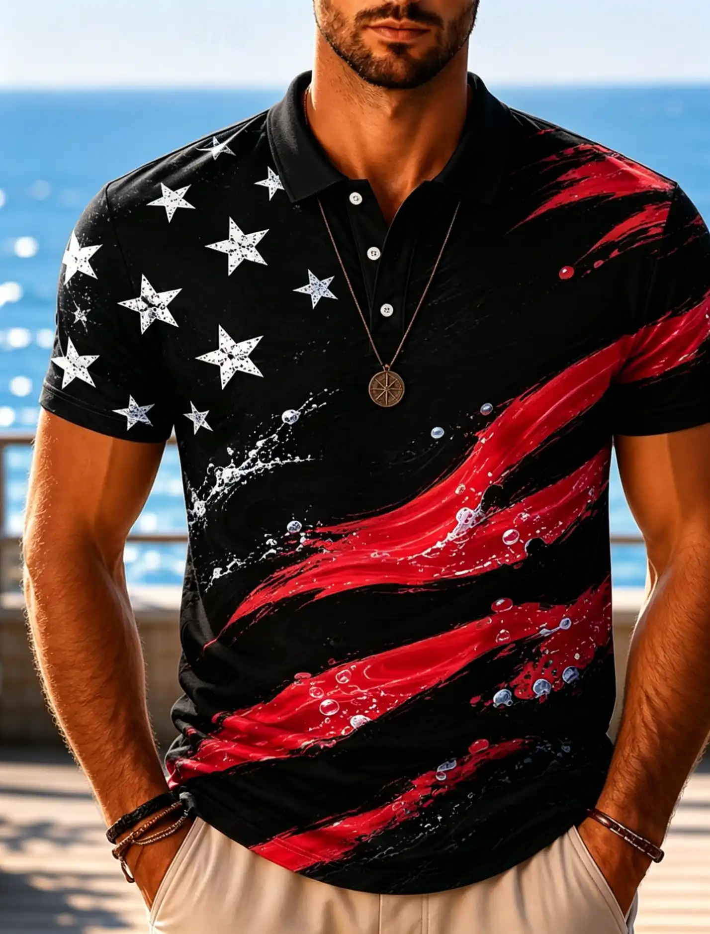 Men's Water Splash Wave USA Flag Star Print Short Sleeve Polo Shirt