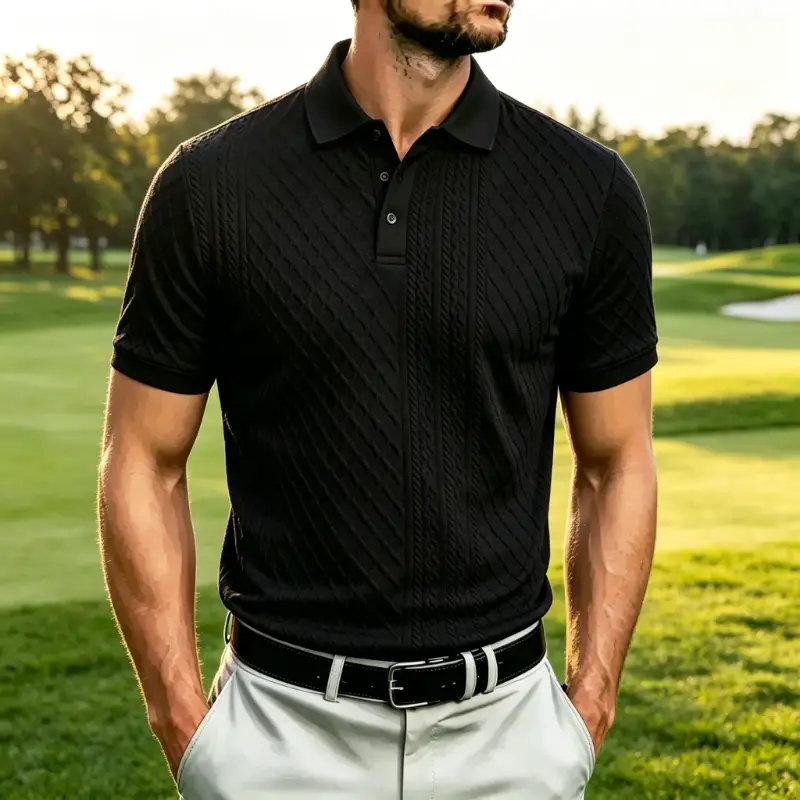 Men's Diagonal Cable Knit Short Sleeve Polo Shirt