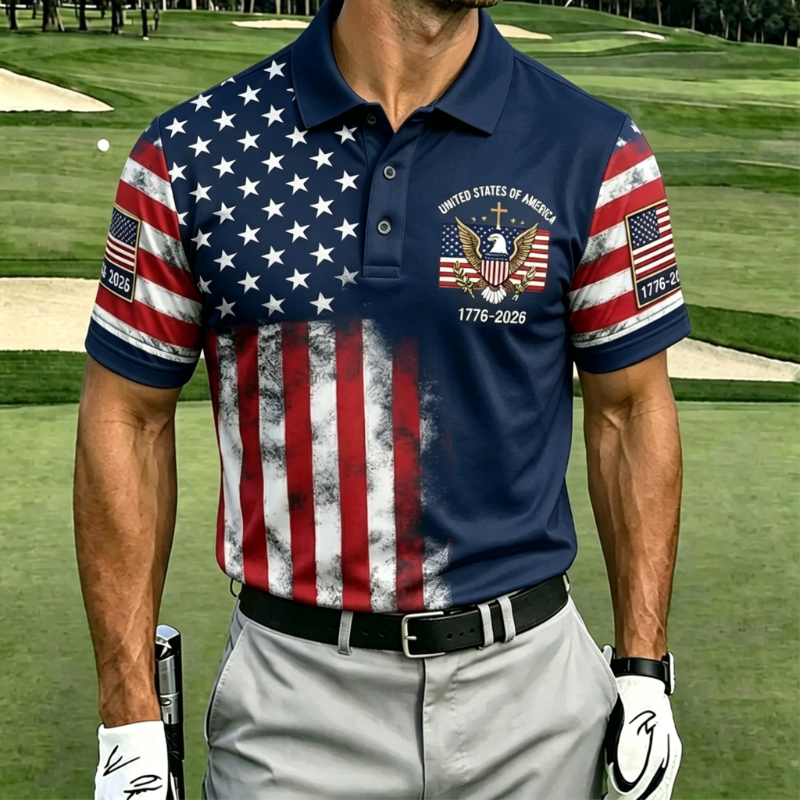 Men's Patriotic Eagle Emblem Distressed Flag Golf Polo Shirt