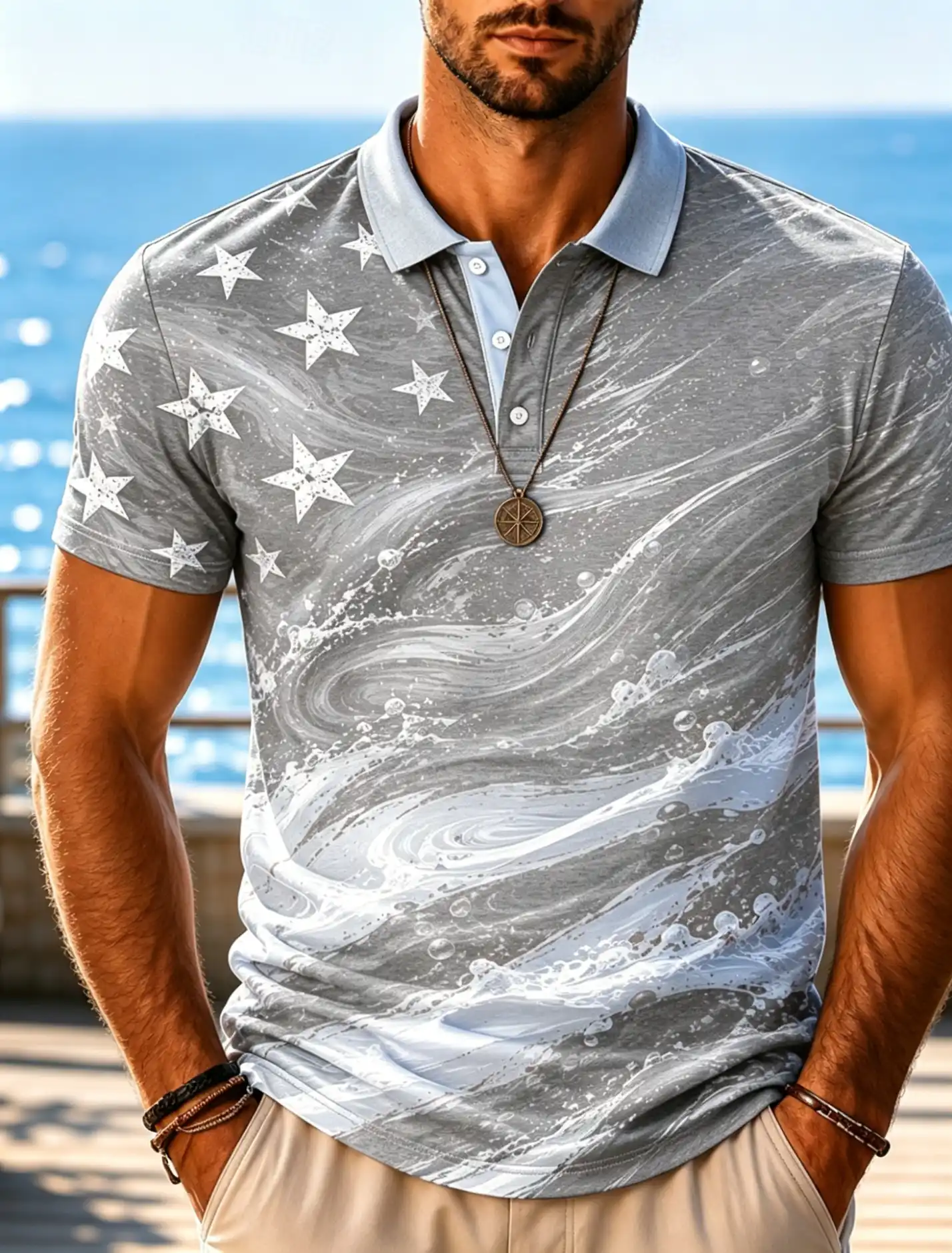 Men's Water Splash Wave USA Flag Star Print Short Sleeve Polo Shirt