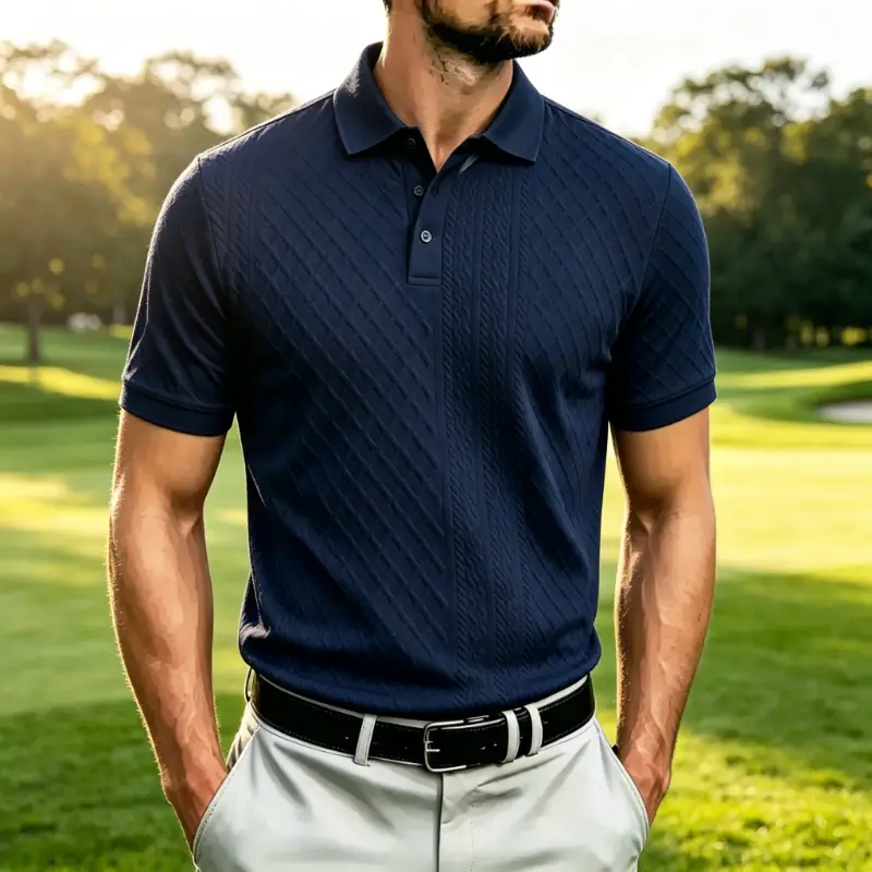 Men's Diagonal Cable Knit Short Sleeve Polo Shirt