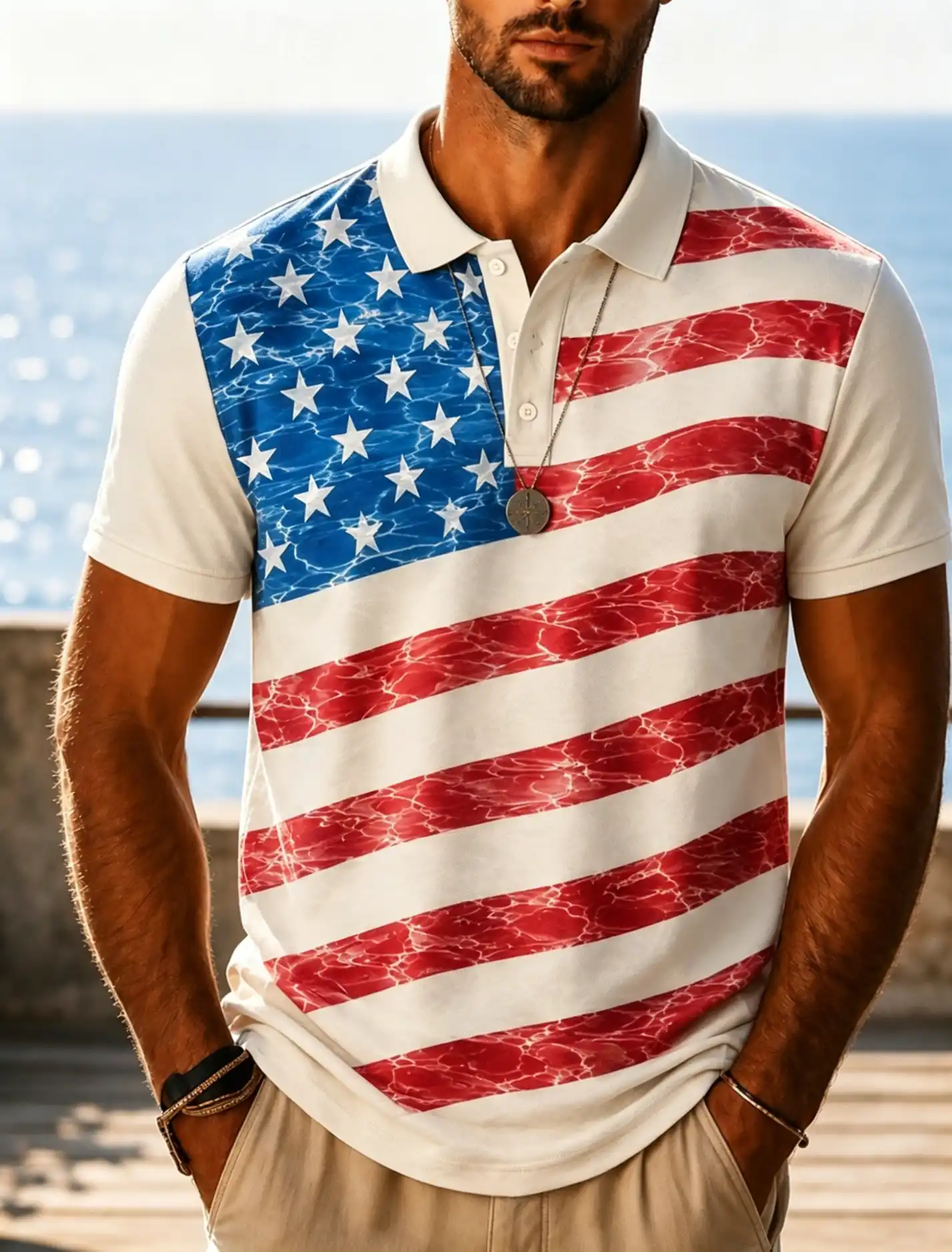 Men's Water Ripple Texture USA Flag Full Print Light Blue Collar Short Sleeve Polo Shirt