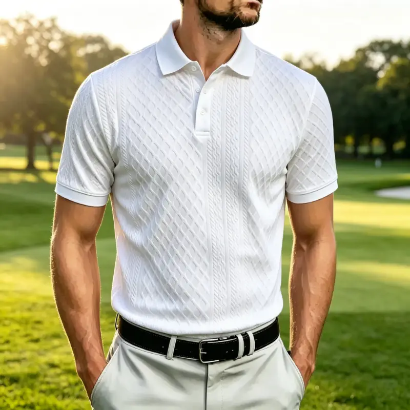 Men's Diagonal Cable Knit Short Sleeve Polo Shirt