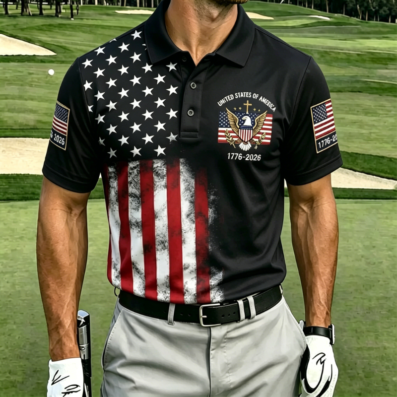 Men's Patriotic Eagle Emblem Distressed Flag Golf Polo Shirt
