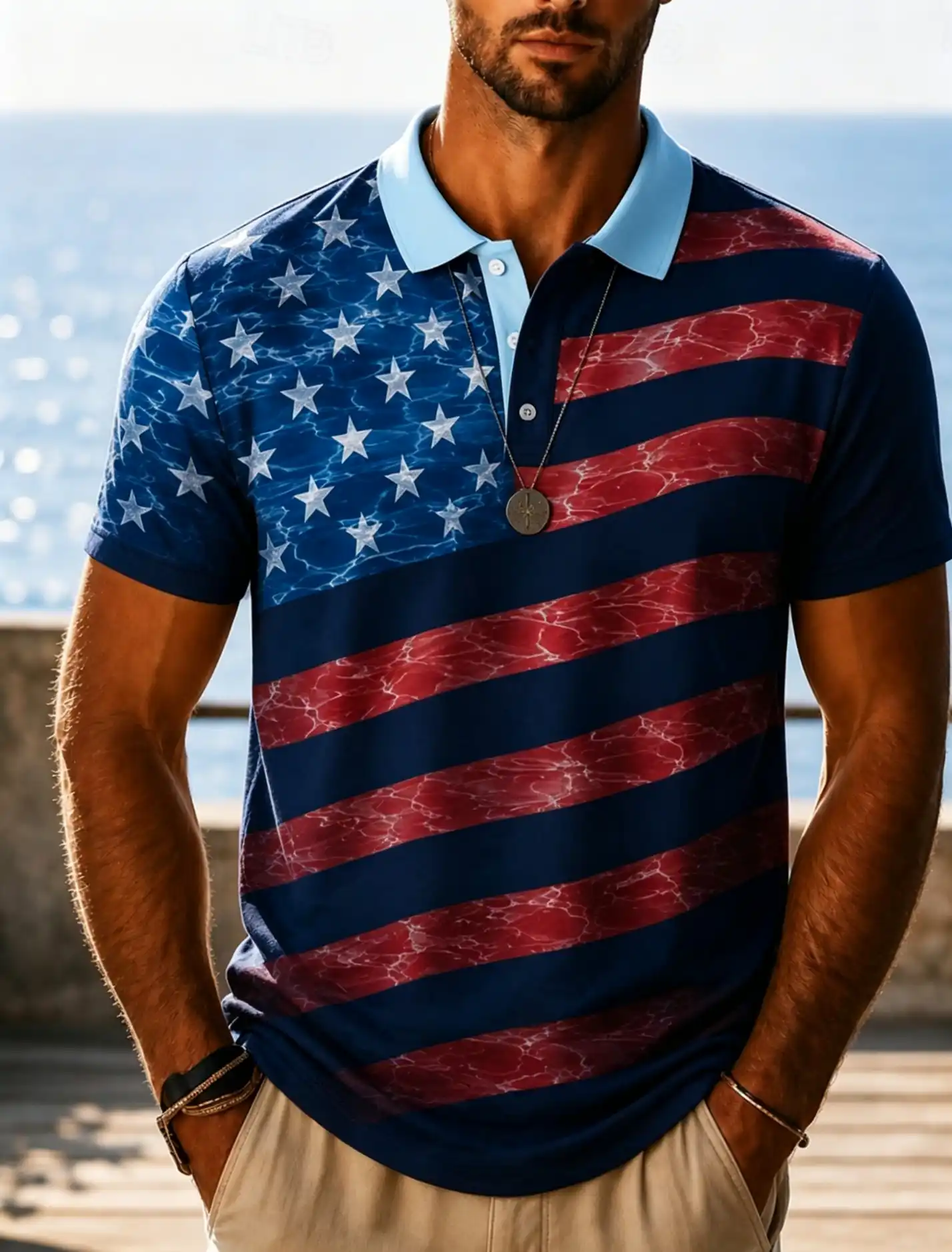 Men's Water Ripple Texture USA Flag Full Print Light Blue Collar Short Sleeve Polo Shirt