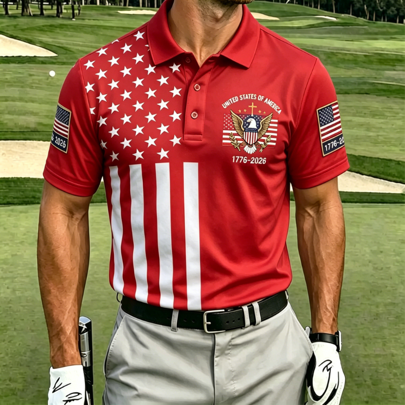 Men's Patriotic Eagle Emblem Distressed Flag Golf Polo Shirt