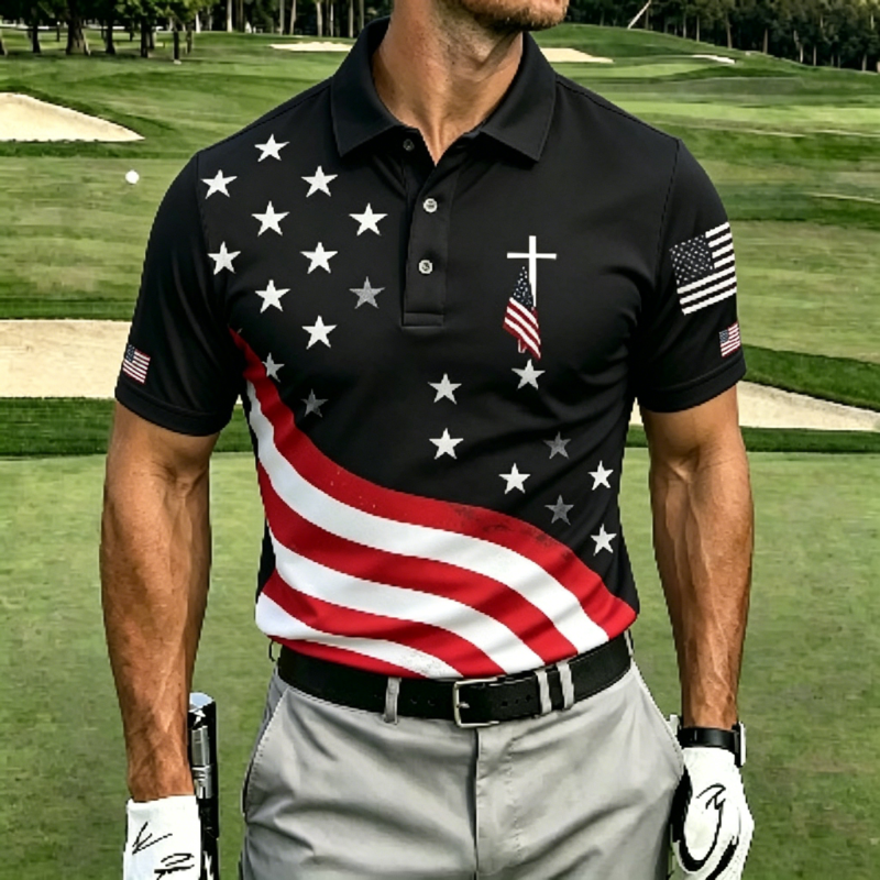 [Copy]Men's Patriotic Eagle Emblem Distressed Flag Golf Polo Shirt