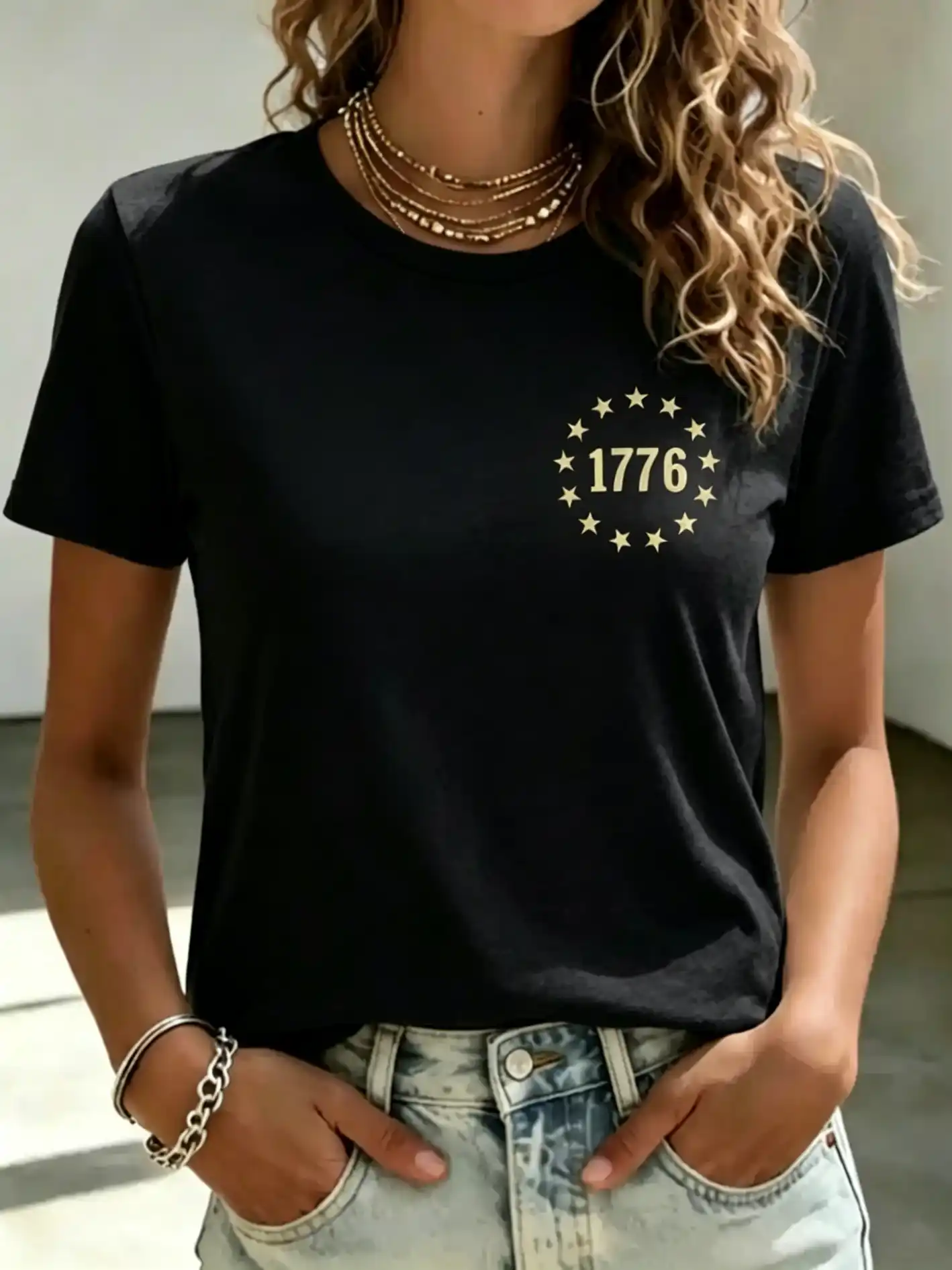 Women's 1776 Circle Stars Patriotic Vintage Short Sleeve T-Shirt