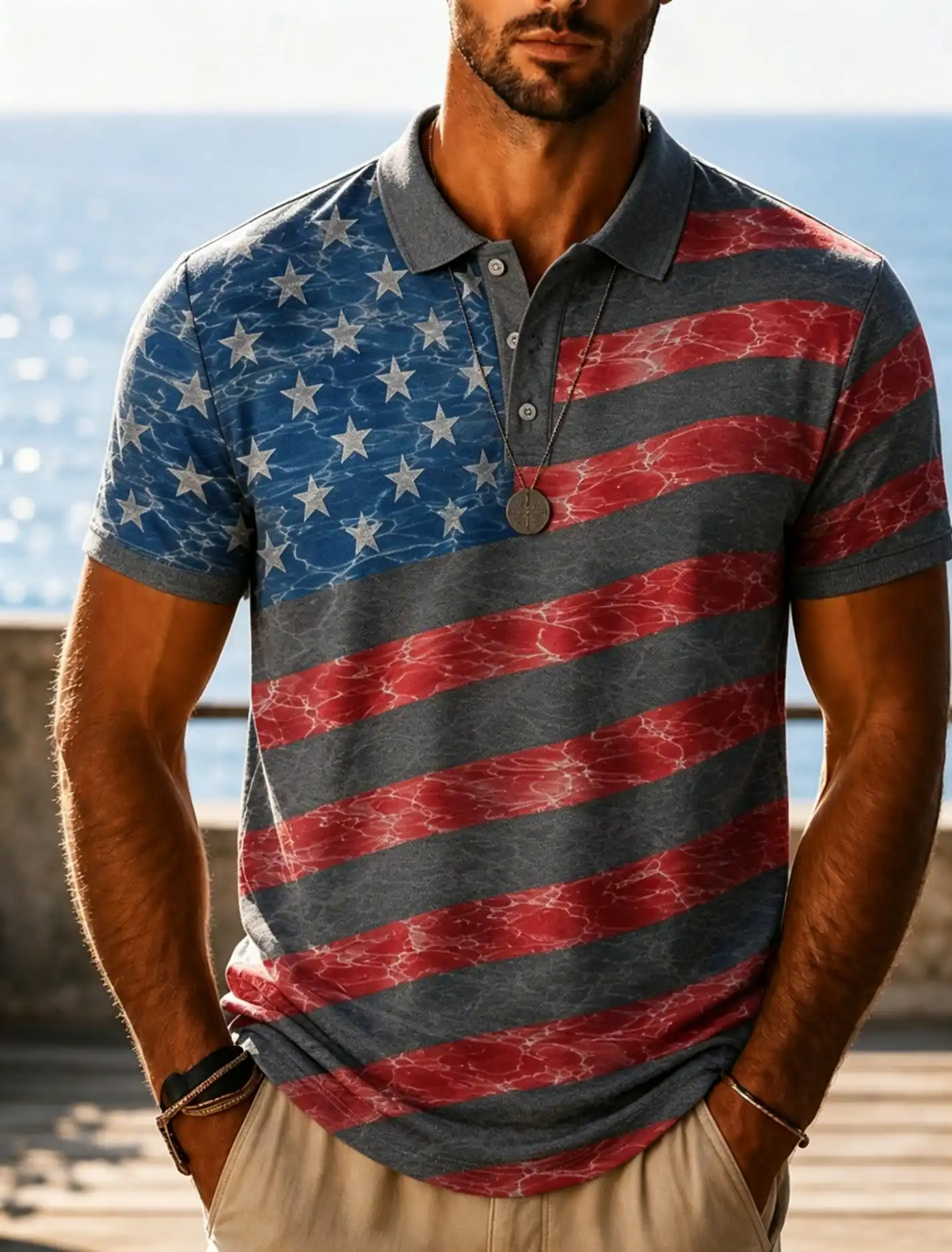 Men's Water Ripple Texture USA Flag Full Print Light Blue Collar Short Sleeve Polo Shirt