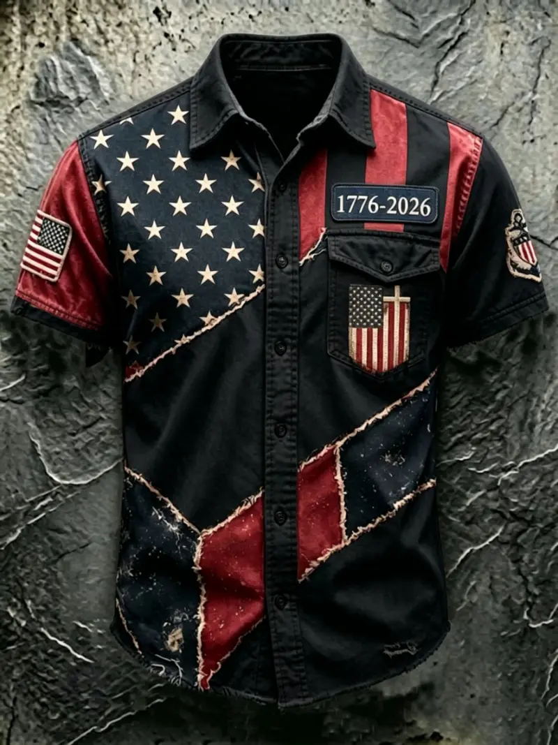 Men's Patriotic Distressed Flag Button-Up Shirt