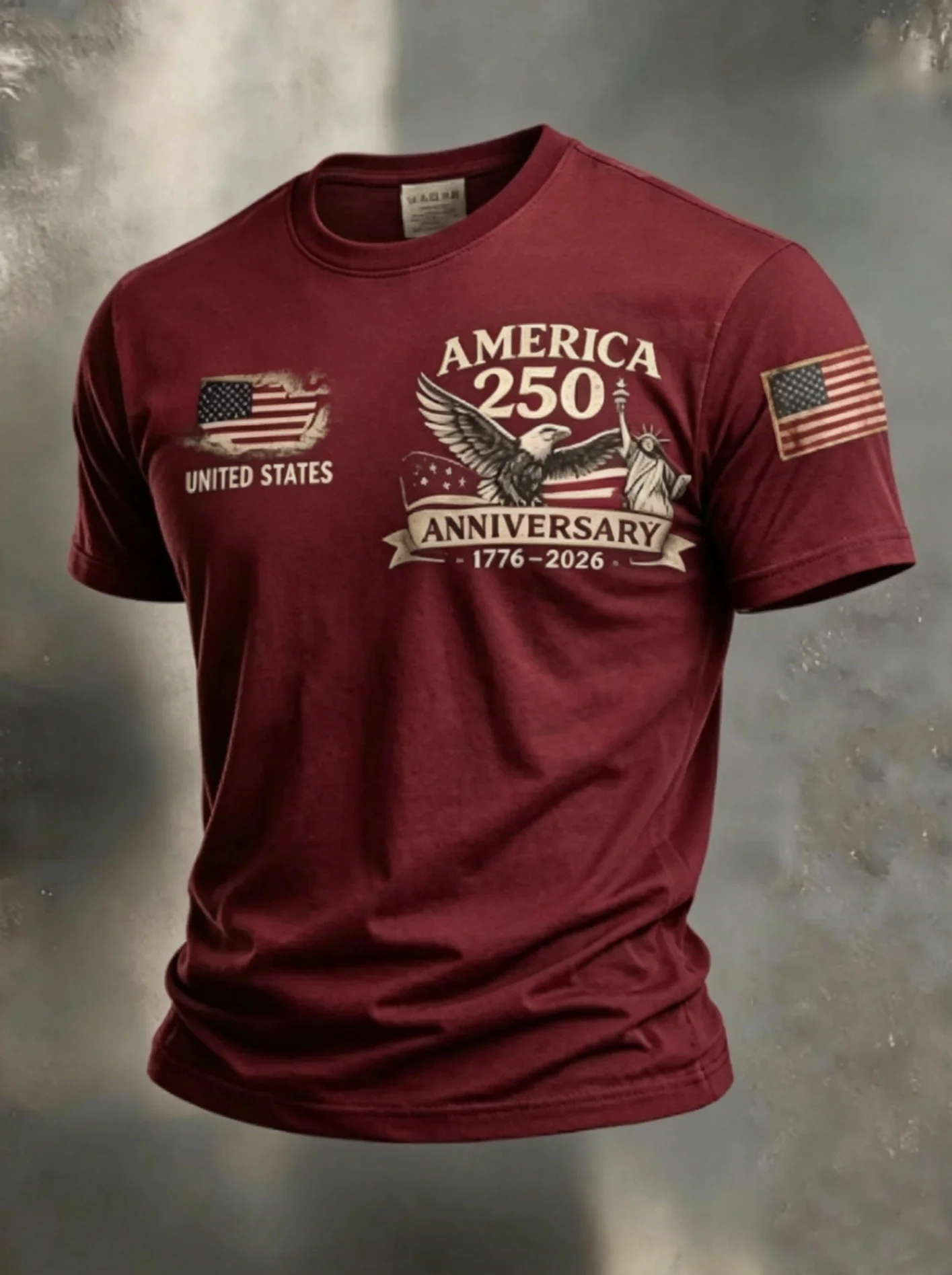 Men's America 250Th Anniversary Eagle Statue Of Liberty Vintage Flag Print Crew Neck T-Shirt