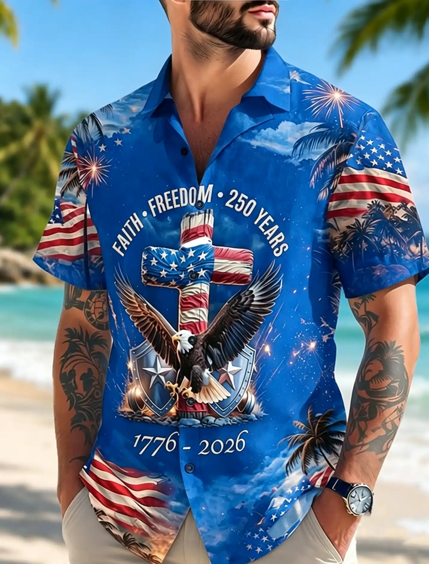 Men's Faith Freedom 250 Years Eagle Cross USA Flag Palm Tree Night Fireworks Short Sleeve Button Down Shirt