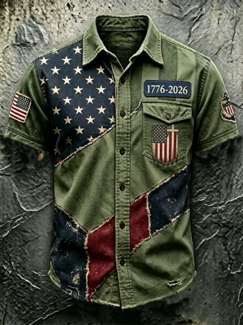 Men's Patriotic Distressed Flag Button-Up Shirt