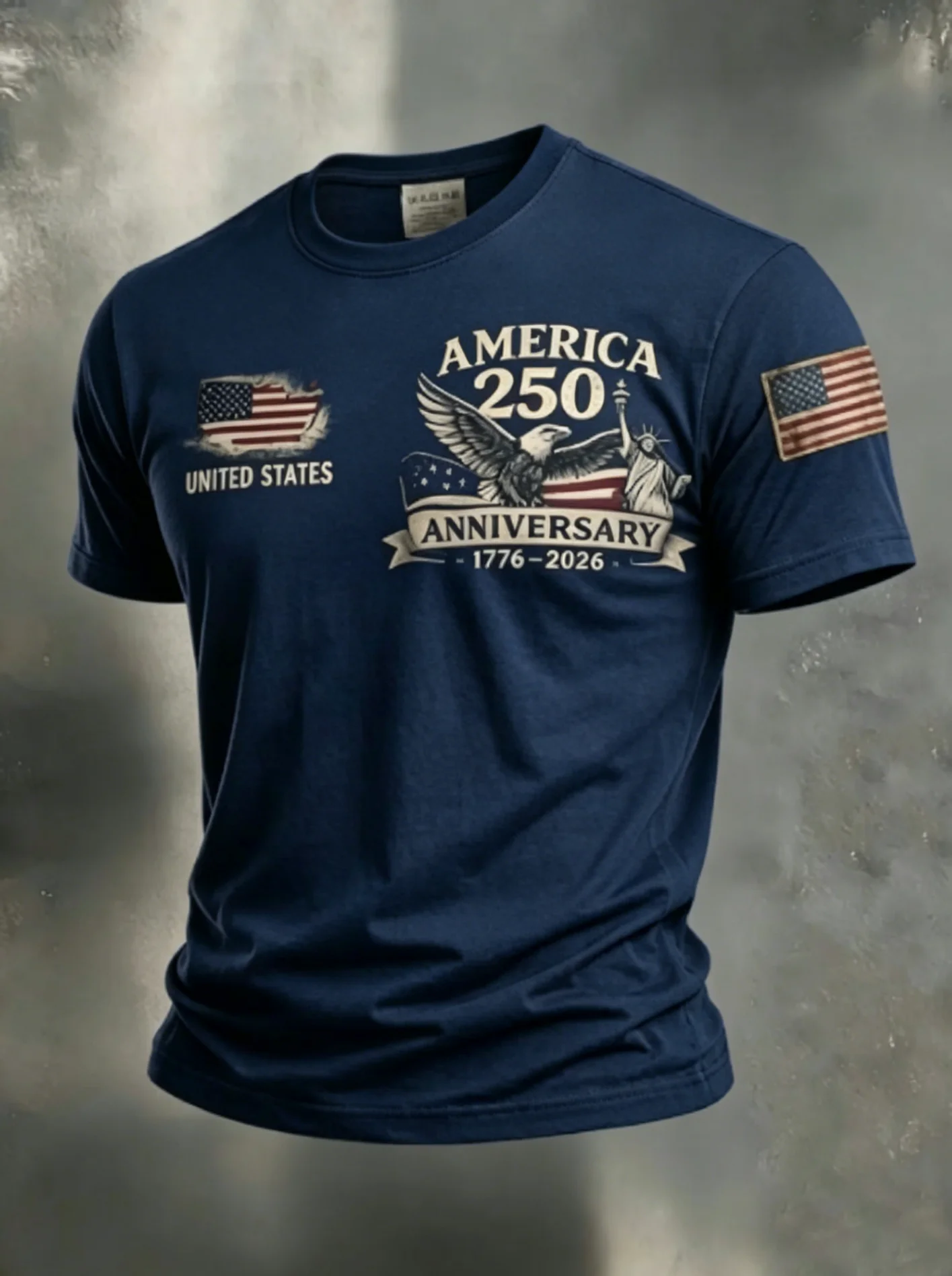 Men's America 250Th Anniversary Eagle Statue Of Liberty Vintage Flag Print Crew Neck T-Shirt
