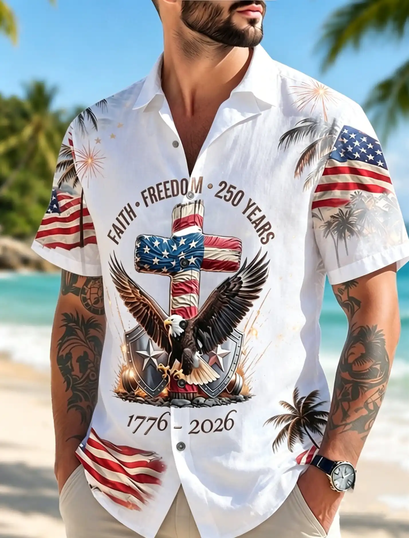 Men's Faith Freedom 250 Years Eagle Cross USA Flag Palm Tree Night Fireworks Short Sleeve Button Down Shirt