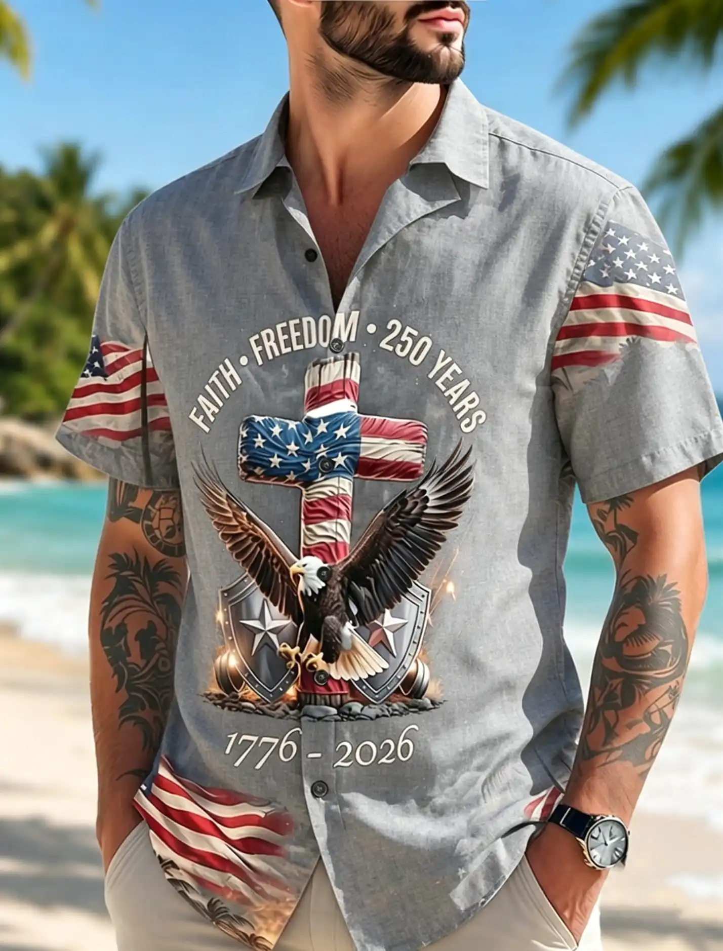 Men's Faith Freedom 250 Years Eagle Cross USA Flag Palm Tree Night Fireworks Short Sleeve Button Down Shirt