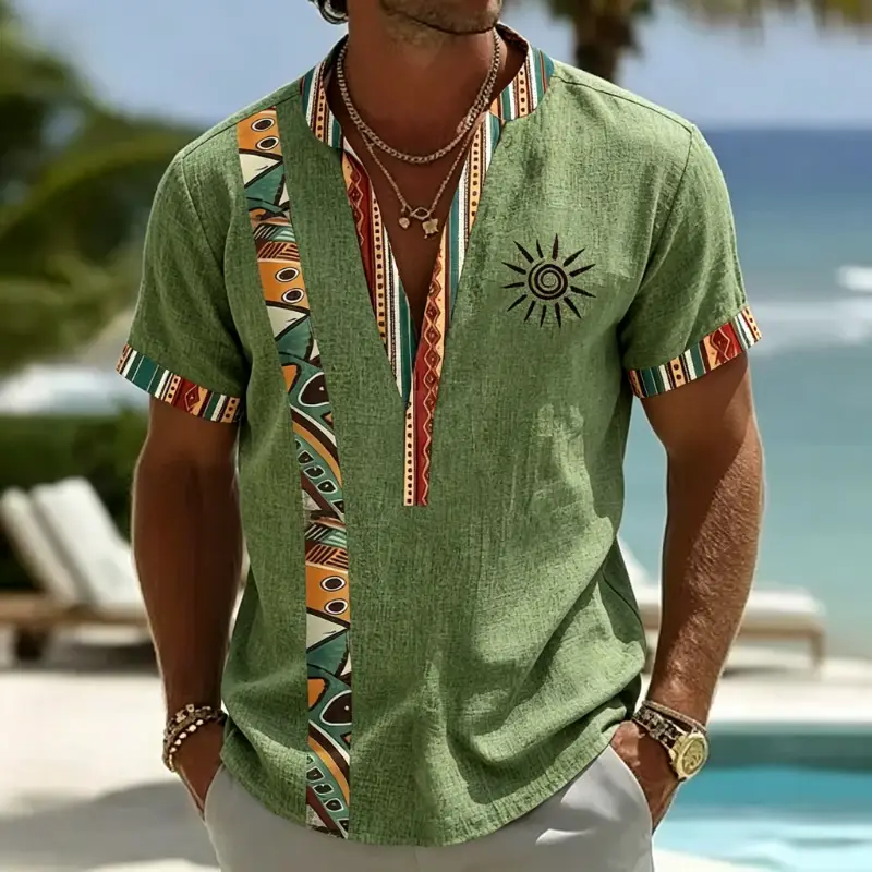 Men's Sun Embroidery Ethnic Patchwork Linen Henley Shirt