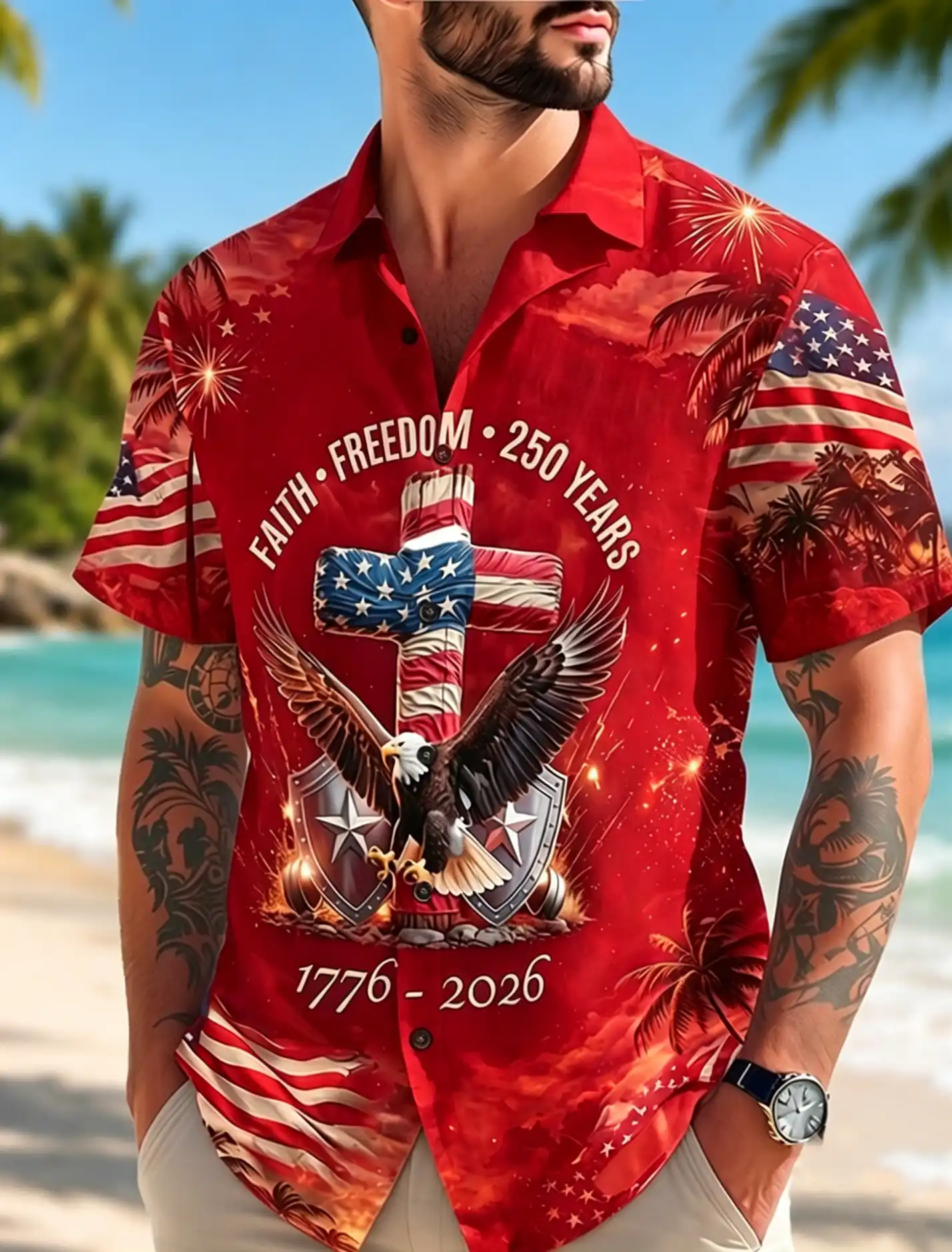 Men's Faith Freedom 250 Years Eagle Cross USA Flag Palm Tree Night Fireworks Short Sleeve Button Down Shirt