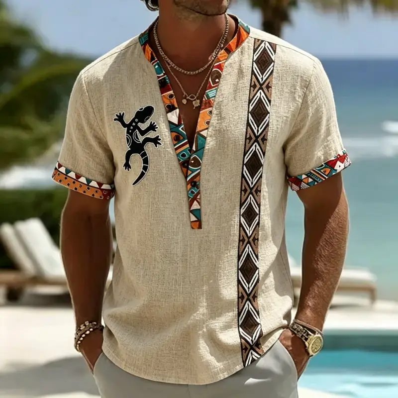Men's Sun Embroidery Ethnic Patchwork Linen Henley Shirt