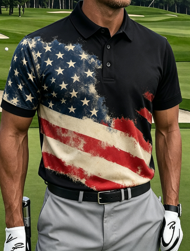 Men's Vintage Washed Distressed Full Flag Print Golf Polo Shirt