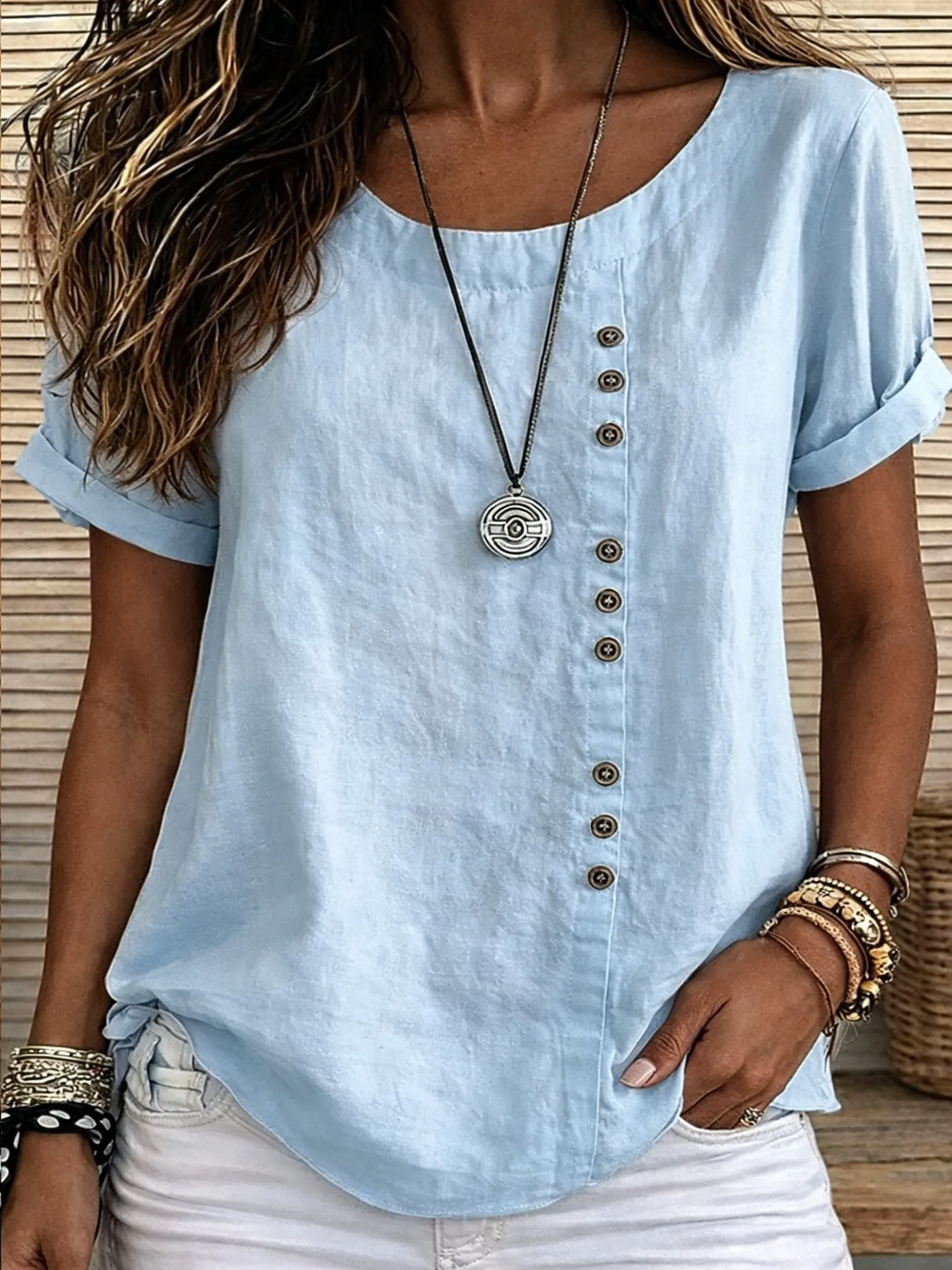 Women's Solid White Round Neck Vertical Decorative Button Rolled Cuff Short Sleeve Casual Top