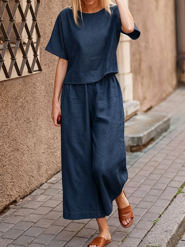 Women's Short Sleeve Crop Top & Wide Leg Cropped Pants Linen Two Piece Set