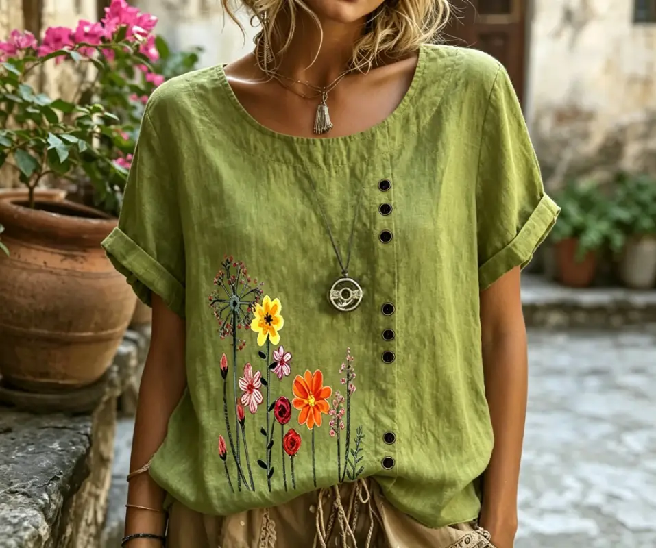 Women's Wildflower Print Rolled Short Sleeve Linen Blouse