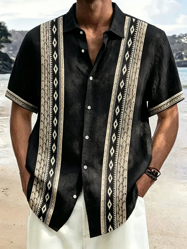 Men's Ethnic Geometric Striped Print Short Sleeve Button Down Resort Shirt