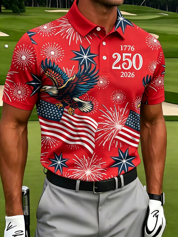 Men's 250th USA Anniversary Eagle Fireworks Flag Golf Polo