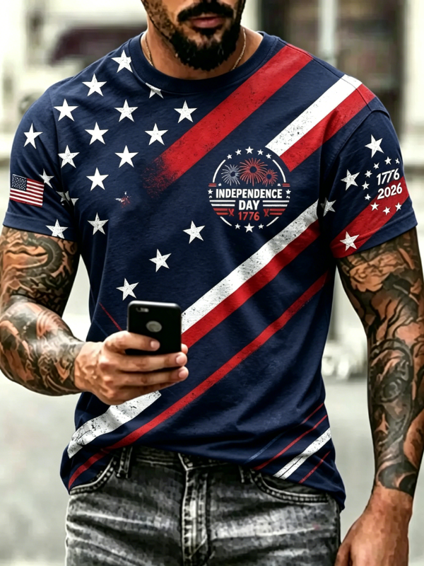 Men's Vintage Diagonal Star Stripe Independence Day 1776 Short Sleeve T-Shirt