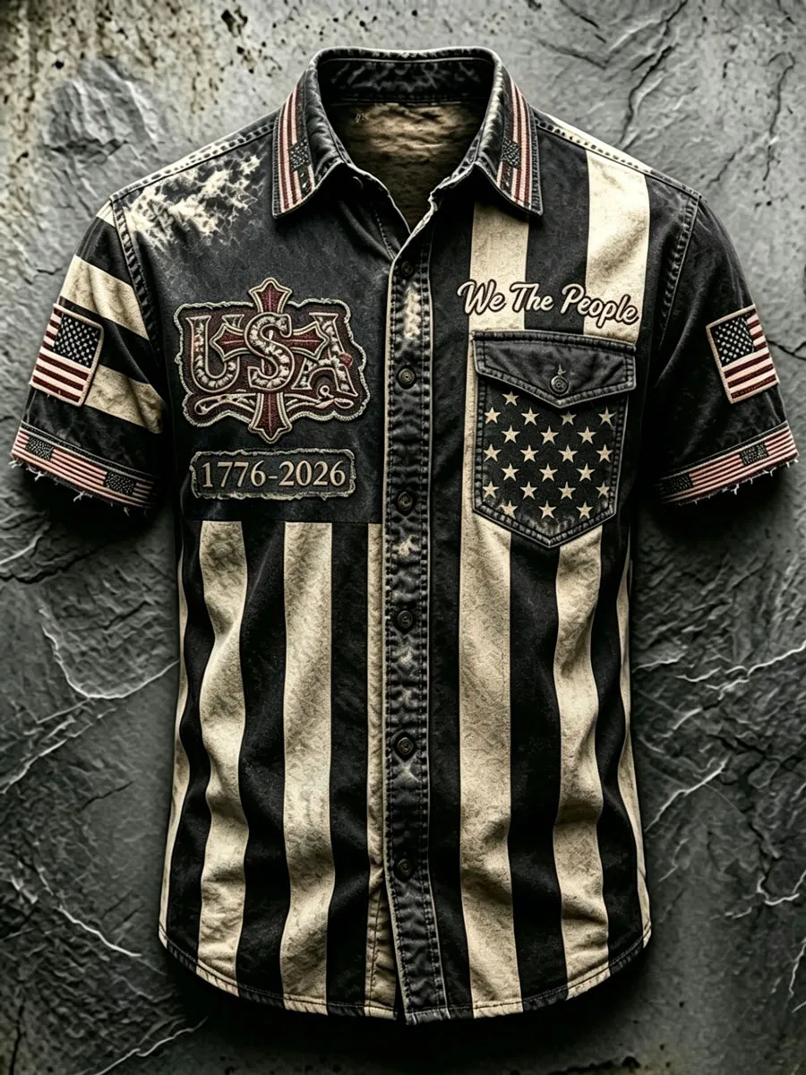 Men's Vintage USA Flag 1776-2026 Short-Sleeve Button-Down Shirt - Patriotic "We The People" Print