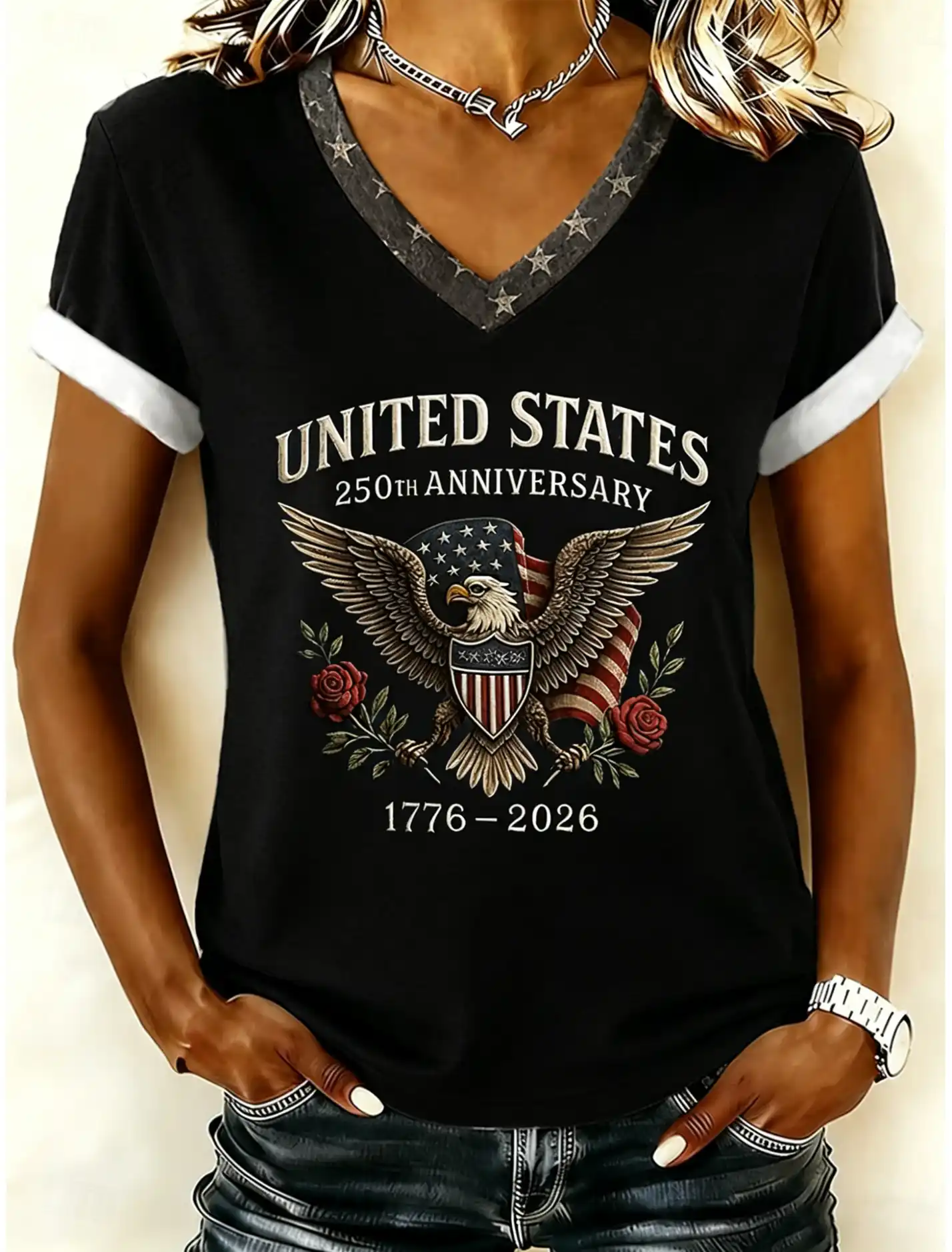 Women's United States 250th Anniversary Eagle Rose USA Shield Flag V-Neck Rolled Cuff Short Sleeve Tee