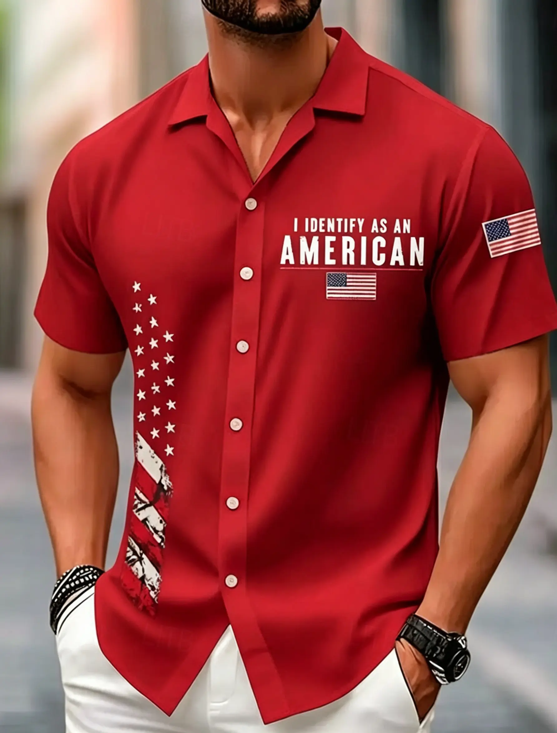 Men's I Identify As An American Vertical USA Flag Print Short Sleeve Lapel Button Down Shirt