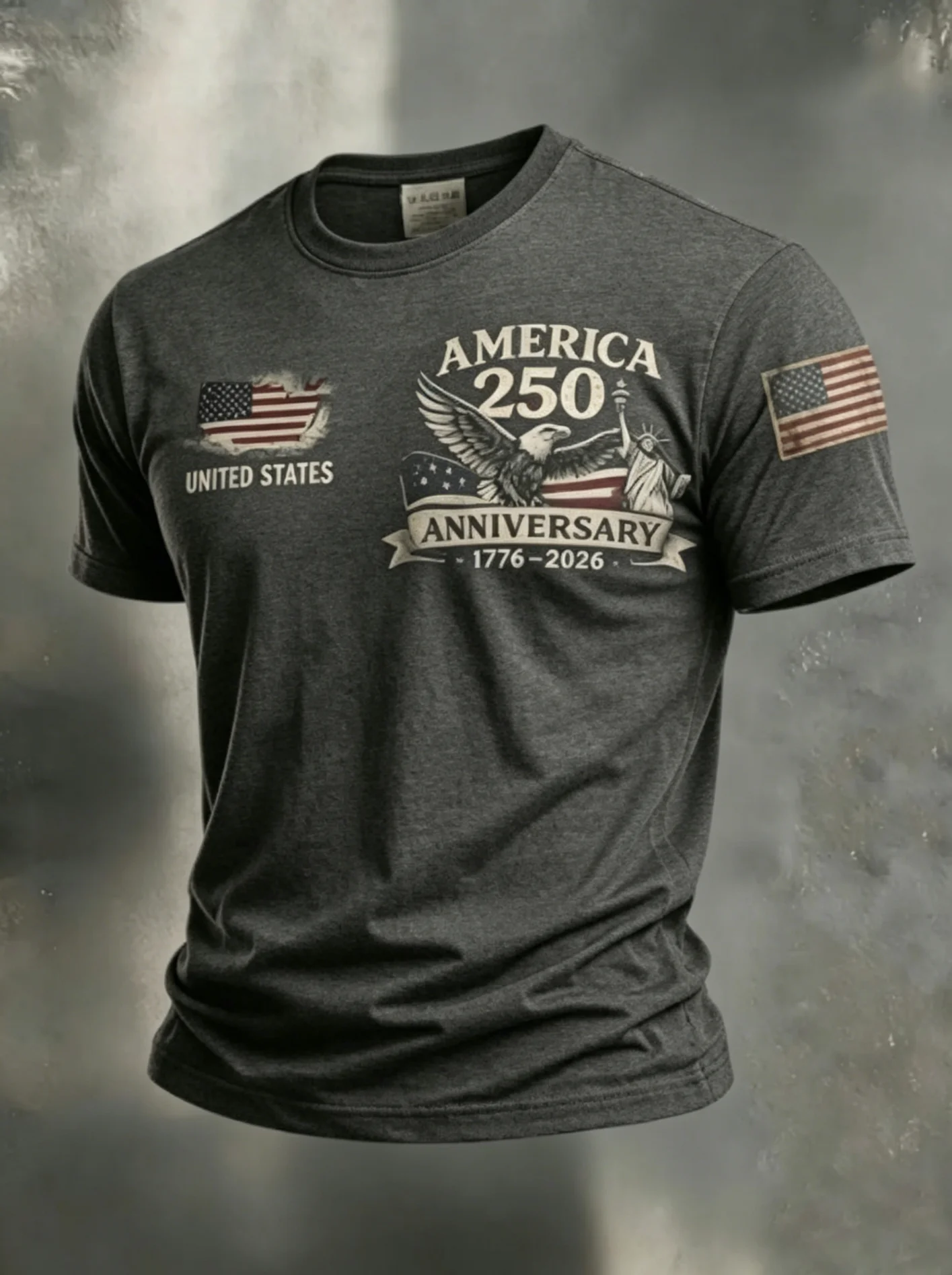 Men's America 250Th Anniversary Eagle Statue Of Liberty Vintage Flag Print Crew Neck T-Shirt
