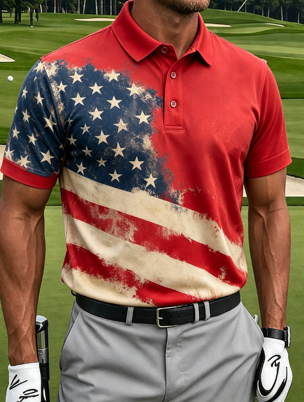 Men's Vintage Washed Distressed Full Flag Print Golf Polo Shirt