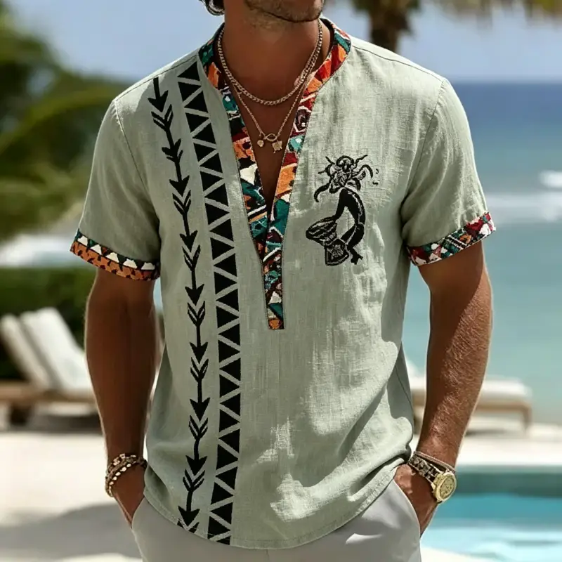 Men's Sun Embroidery Ethnic Patchwork Linen Henley Shirt